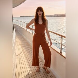 Sleeveless V-Neck Wide-Leg Jumpsuit in Rust